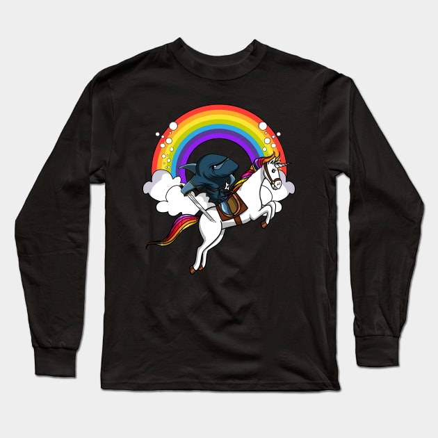 Shark Ninja Riding Unicorn Long Sleeve T-Shirt by underheaven